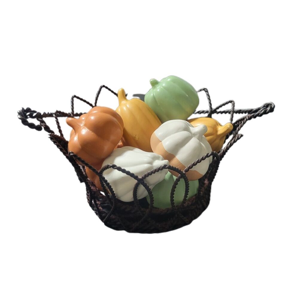 Metal Wire Basket w/Handle 9 Plaster Pumpkins‎ Thanksgiving Farmhouse Fall Decor